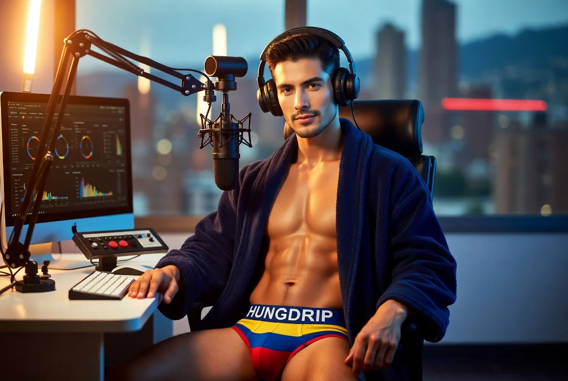 Attractive Colombian creator at a professional workstation wearing HUNGDRIP underwear