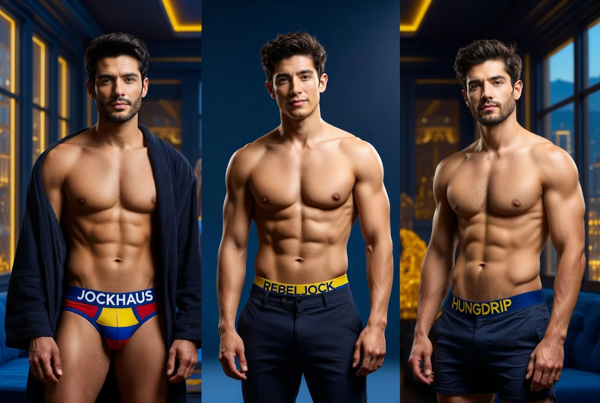 Three attractive Colombian male creators wearing JOCKHAUS, REBELJOCK and HUNGDRIP underwear