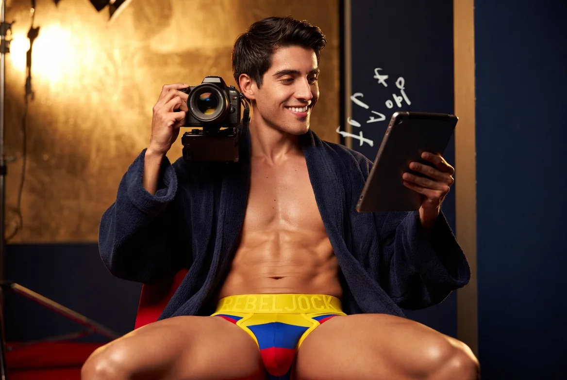 Attractive Colombian creator at a livestream desk wearing Colombian tricolor JOCKHAUS underwear