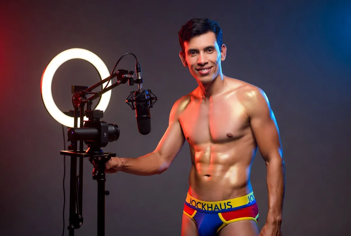 Attractive Colombian male creator in Cali wearing Colombian tricolor JOCKHAUS underwear