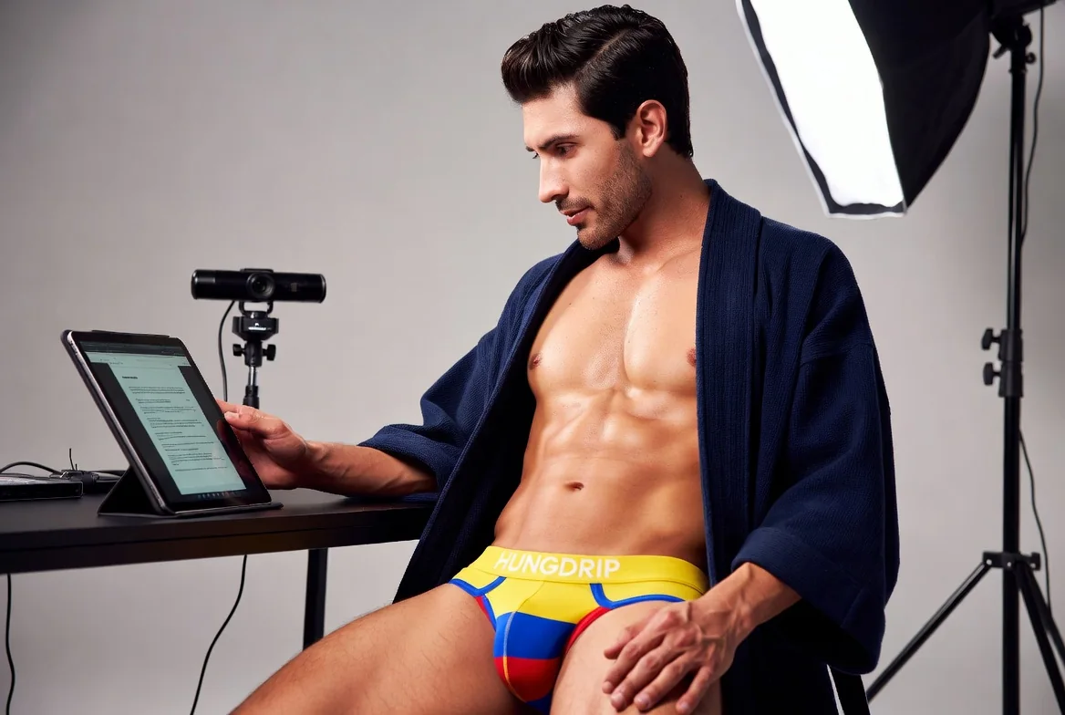 Attractive Colombian male creator reviewing information in a studio wearing HUNGDRIP underwear