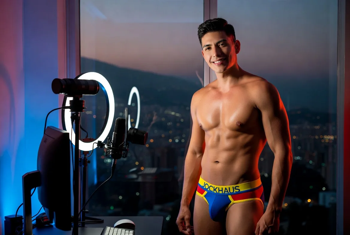 Attractive Colombian male creator in a Medellín live-stream studio wearing Colombian tricolor JOCKHAUS underwear
