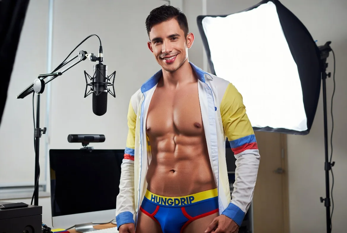 Attractive Colombian creator in a professional streaming studio wearing HUNGDRIP underwear